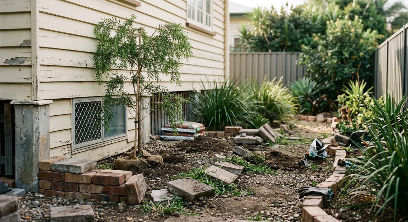 Half-finished DIY garden bed with loose pavers and a young tree planted too close to a Brisbane house