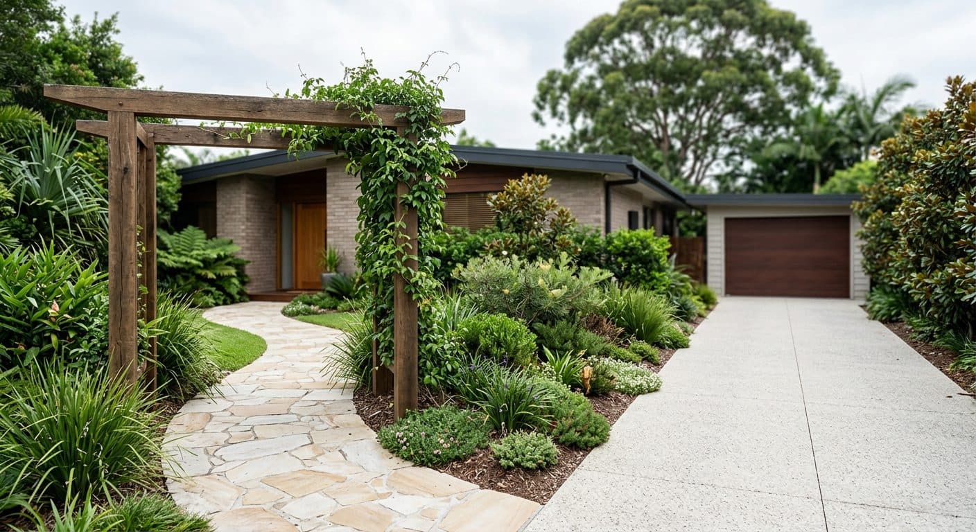 A separate planted pedestrian path winding through a Brisbane front garden to the door, with the driveway alongside but distinct