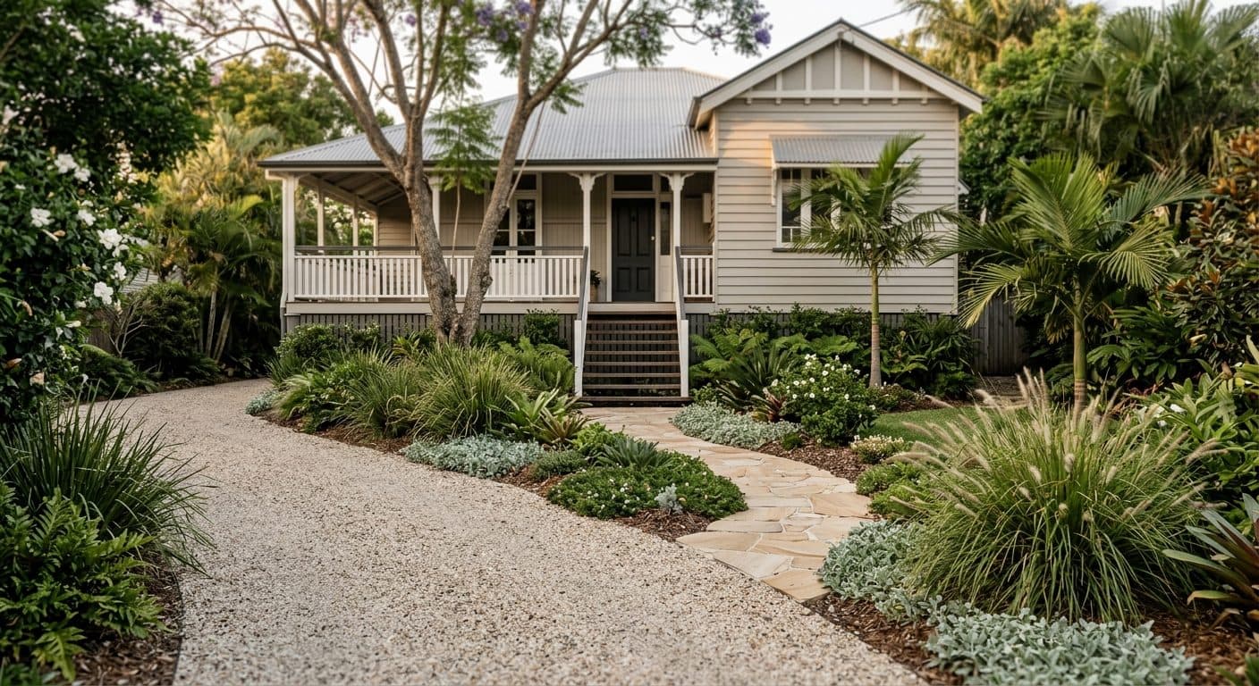 A well-designed Brisbane front entrance with a driveway, planted path and clean entry to a Queenslander