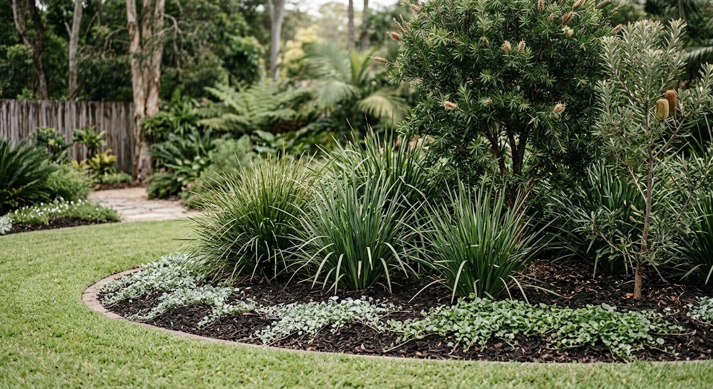 A deep garden bed of layered planting with space left around each plant and a clean curved edge