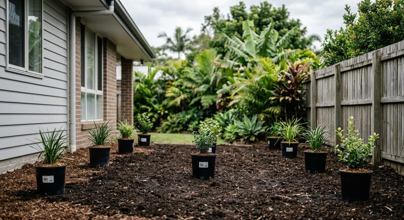 Potted shrubs set out at their mature spacing on a freshly prepared Brisbane garden bed before planting