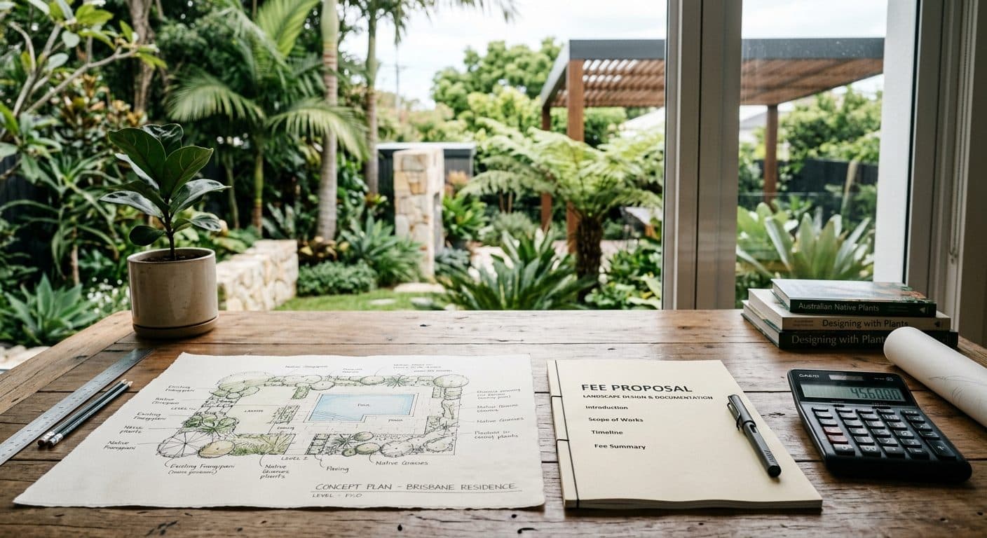 A designer's desk with a hand-drawn concept plan, a fee proposal and a calculator side by side