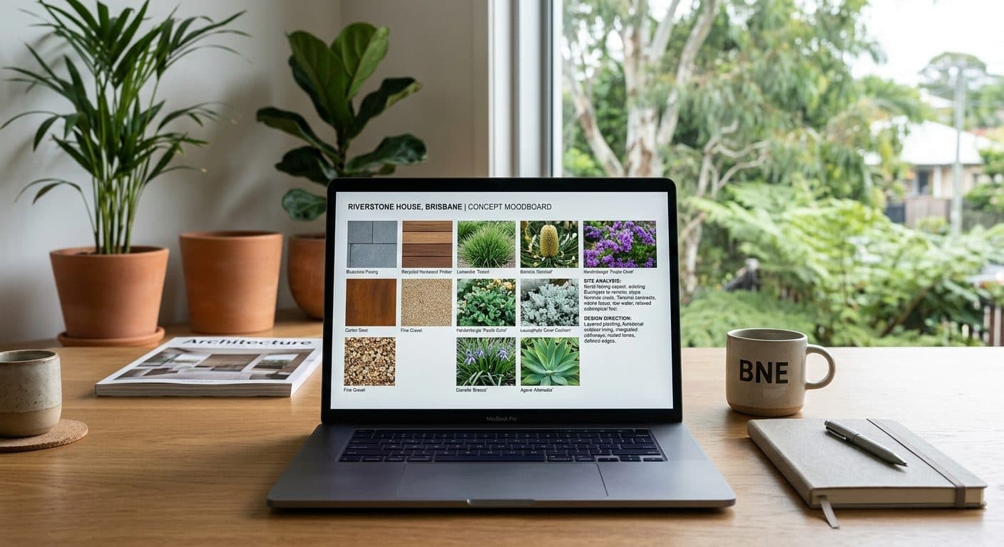 A digital moodboard open on a laptop screen, showing material swatches, plant photos and site notes arranged as an on-screen layout