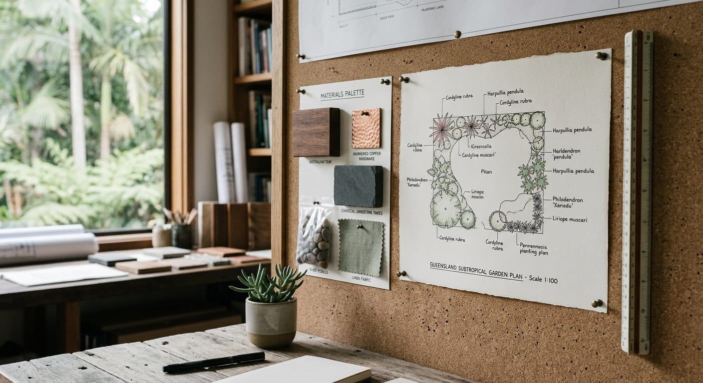 A detailed planting plan and materials palette pinned up beside a scale ruler in the studio