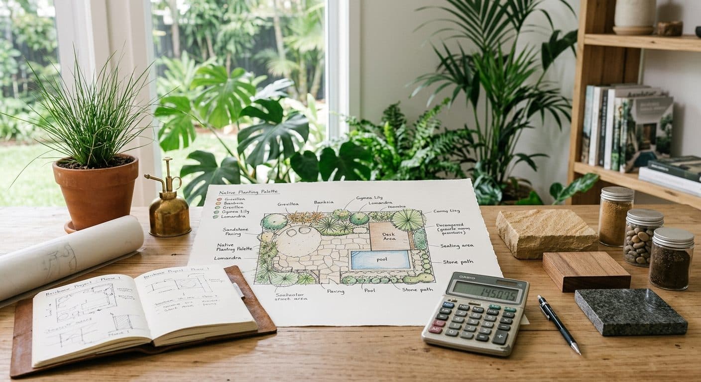 Designer's hand-drawn garden plan beside material swatches and a calculator on a studio desk