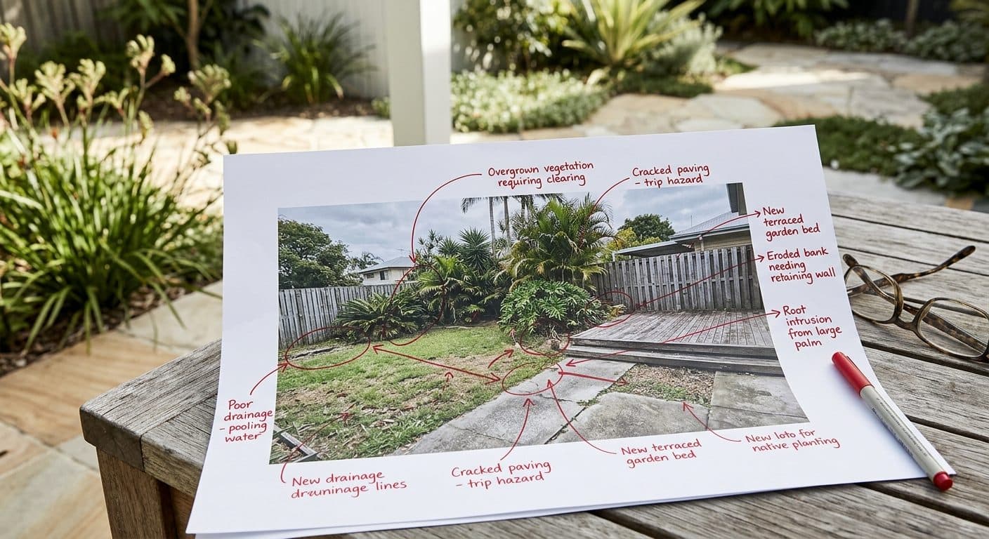 A concept plan marked up in red pen over a photo of an existing backyard, flagging problem zones