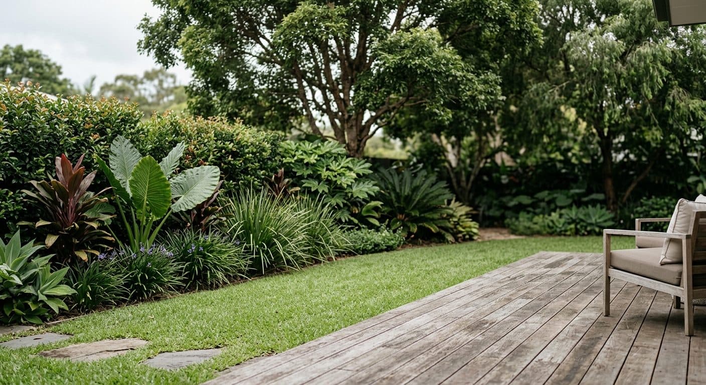 A resolved Brisbane garden with a shaded deck meeting lawn and layered planting, everything sitting right