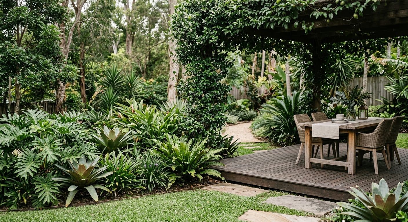 A resolved Brisbane garden with a shaded entertaining deck meeting lawn and layered planting