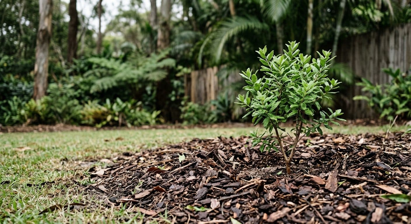 A young shrub with an even layer of dark hardwood mulch pulled back from the stem in a Brisbane garden bed