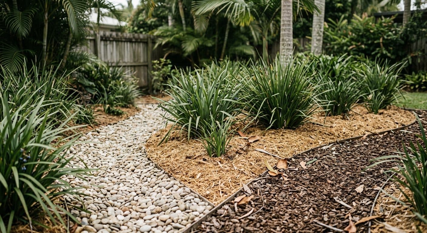 Three bed sections showing sugarcane, hardwood chip and pebble mulch with dianella and lomandra