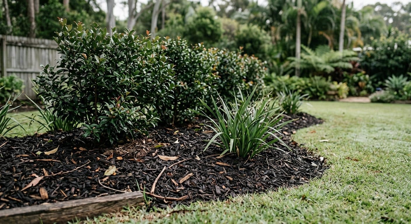 A freshly mulched Brisbane garden bed of dark hardwood chip around established lilly pilly and dianella, with clean crisp bed edges and soft morning light