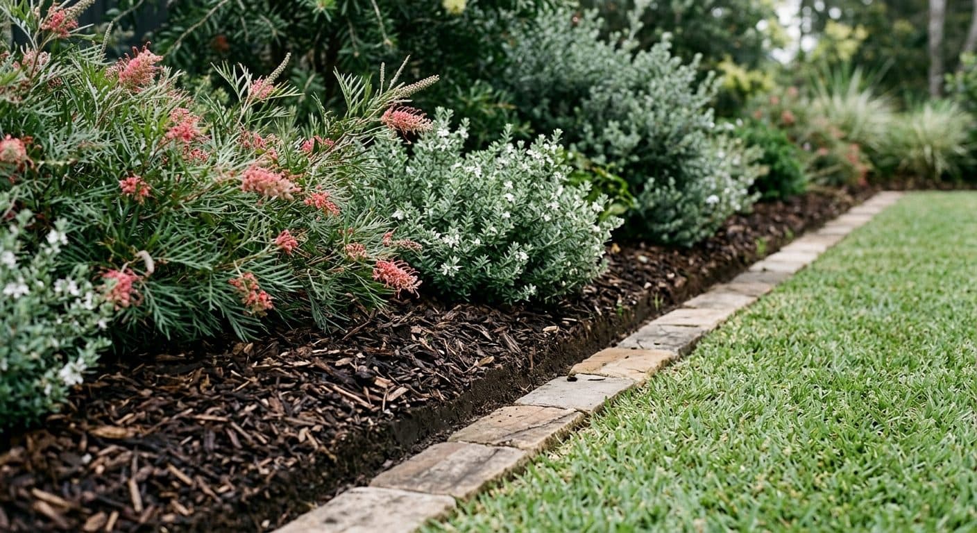 A crisp spade-cut edge and paver mowing strip where a mulched native bed meets lawn, with massed grevillea behind