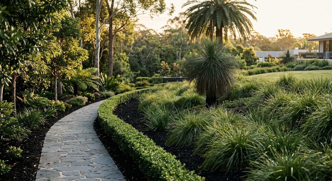 A designed native garden with massed lomandra and dianella in clean drifts, a grass tree as a feature and a crisp path edge