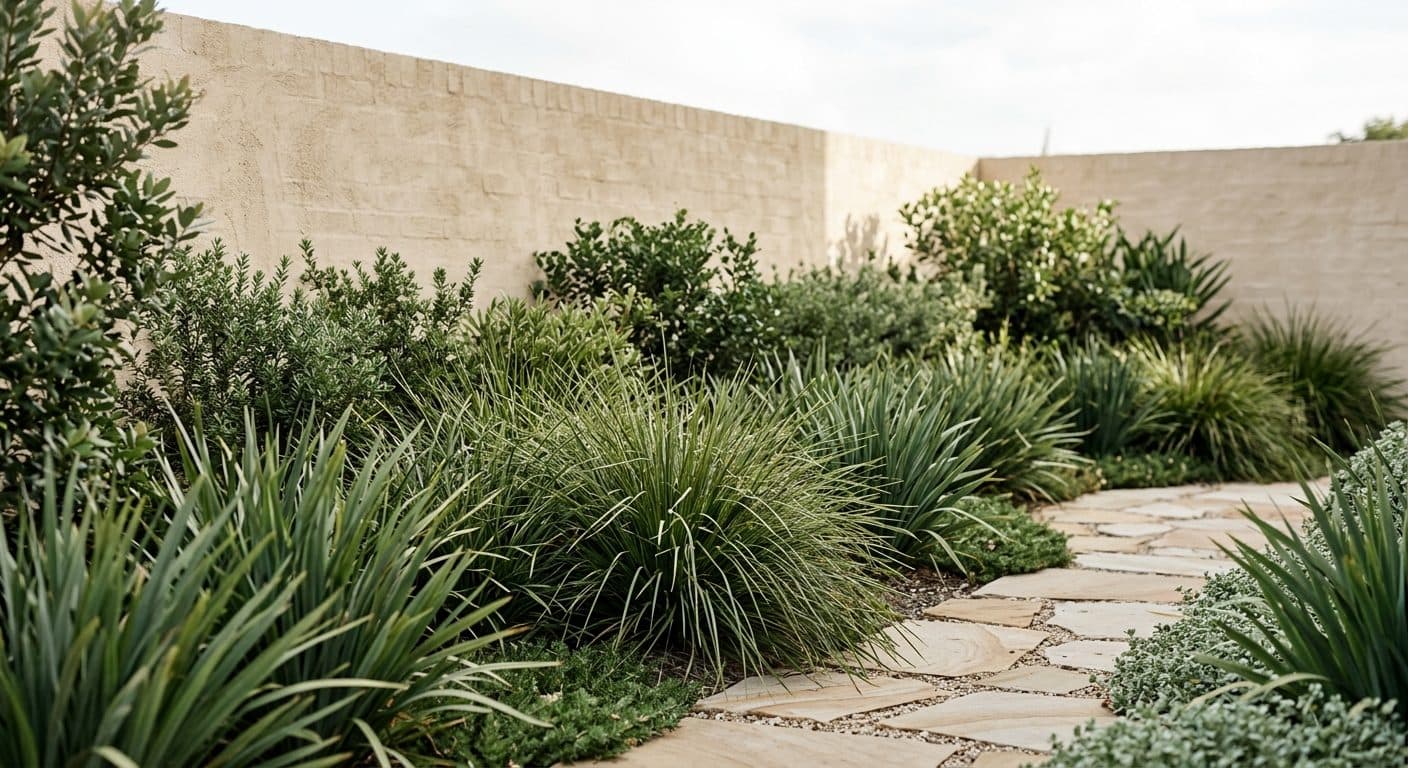 A designed Brisbane native garden with massed lomandra and dianella in clean drifts against a rendered wall, showing structure rather than random regrowth