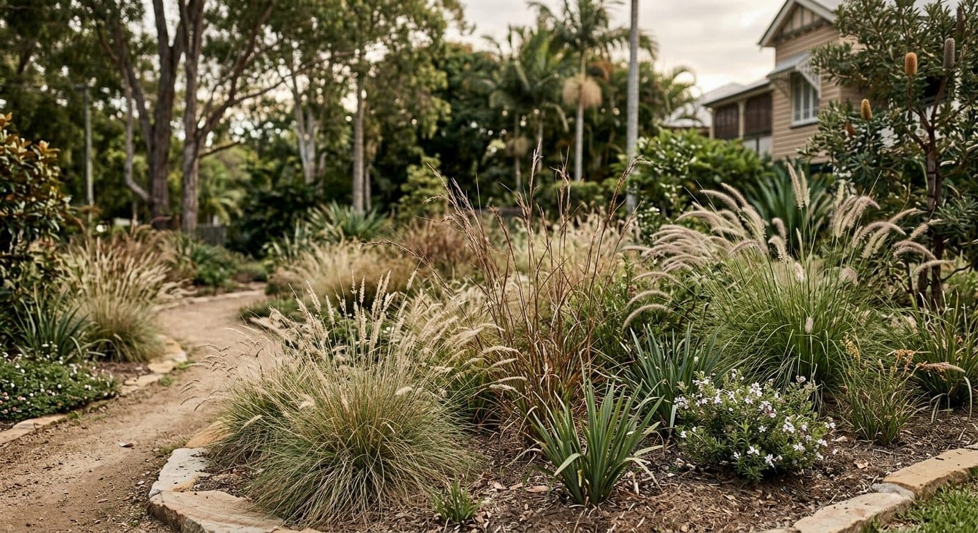 Ornamental grasses and native tussocks planted in loose drifts through a Brisbane garden bed