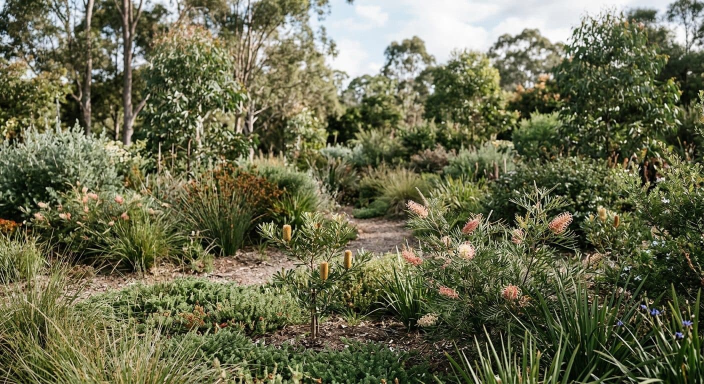 Layered habitat planting of grevilleas, banksias and grasses building from ground plane to shrub height