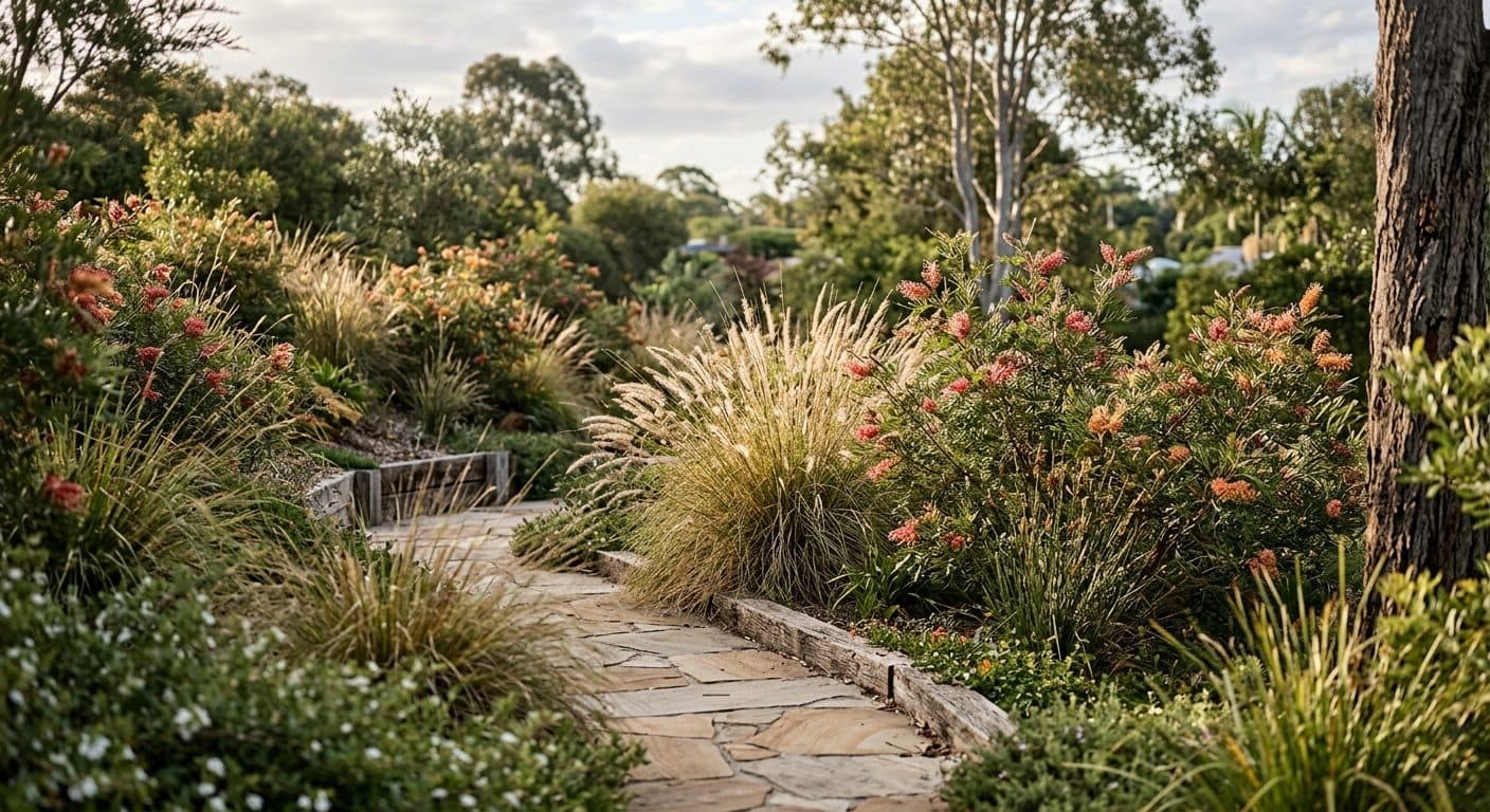 Naturalistic Brisbane garden of ornamental grasses and grevilleas catching low afternoon light