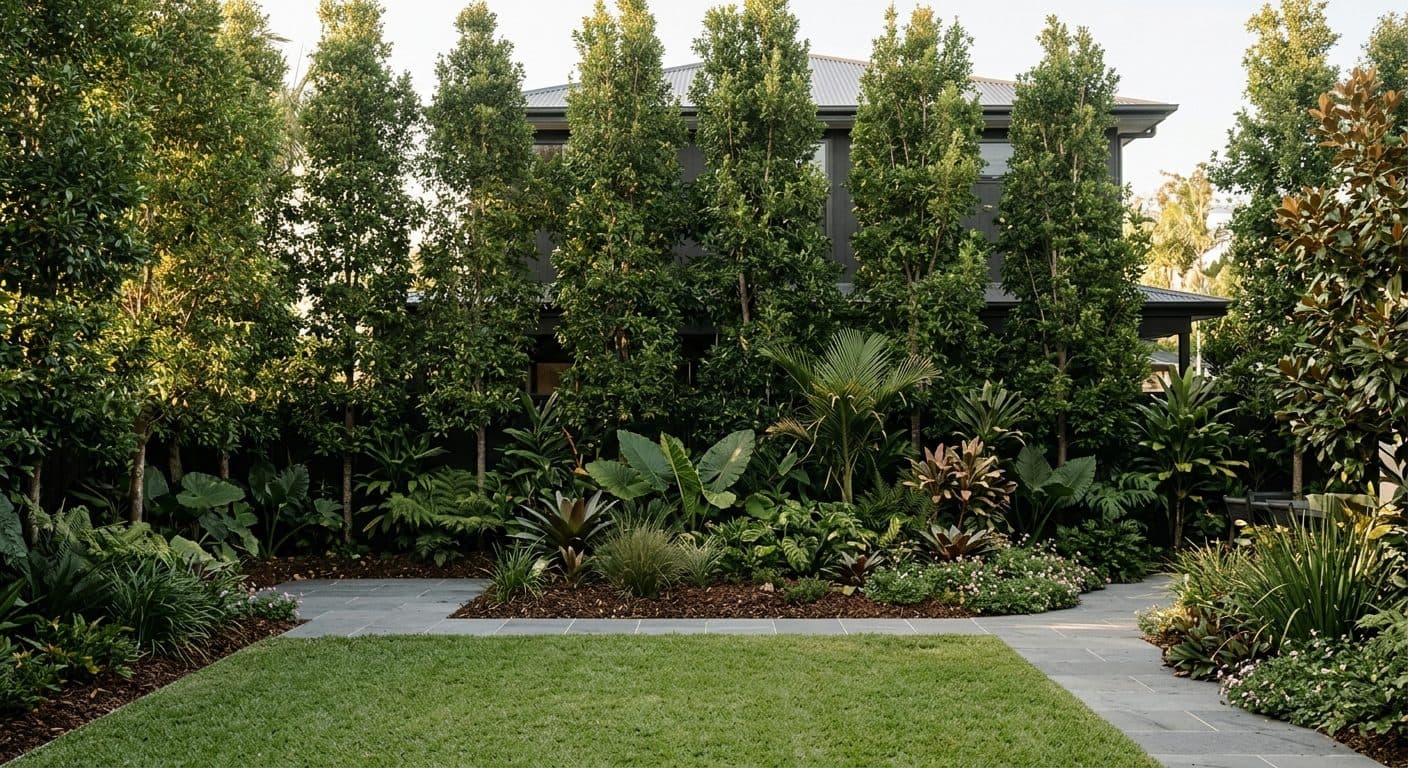 A layered screen of tall slender trees softening the view of a two-storey house behind a Brisbane back garden