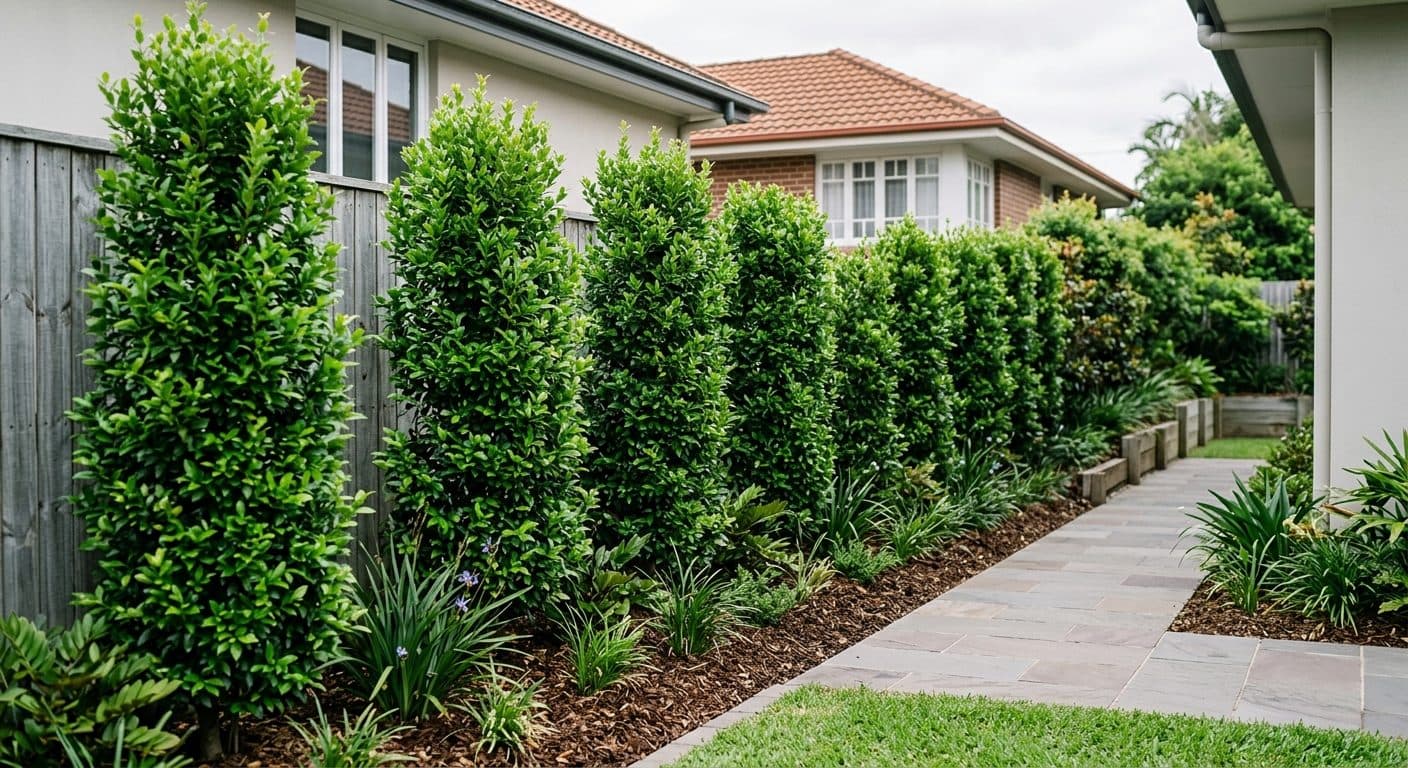 A narrow side boundary planted with a row of columnar lilly pilly as a tall slim green screen against an upper window