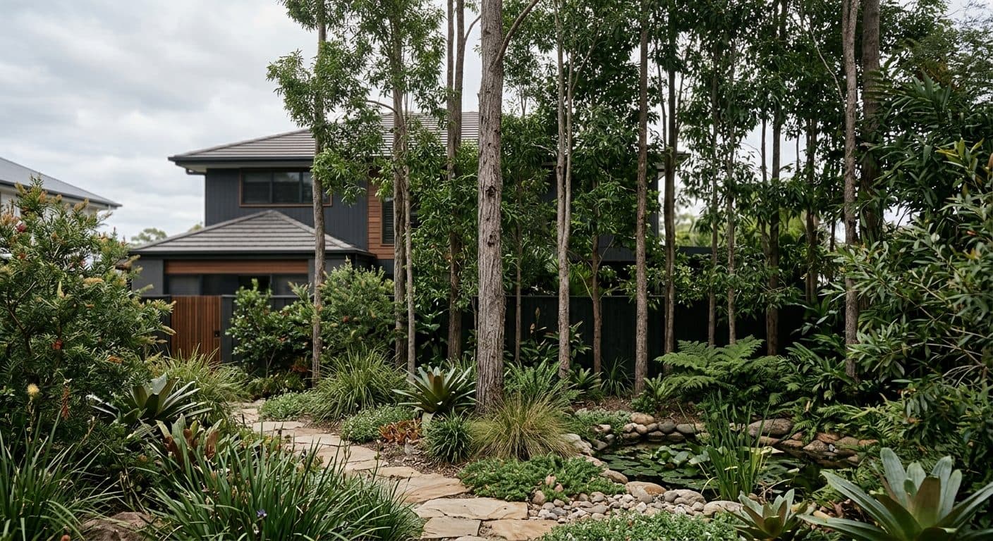 A layered screen of tall slender trees softening the view of a double-storey house behind a Brisbane back garden, giving privacy up high
