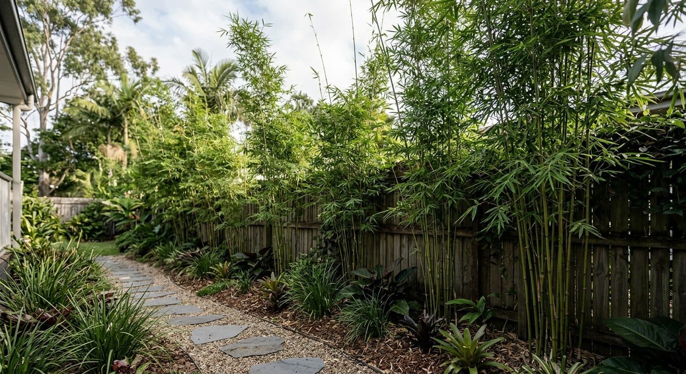 A tall clumping slender weavers bamboo screen rising from a narrow bed against a fence