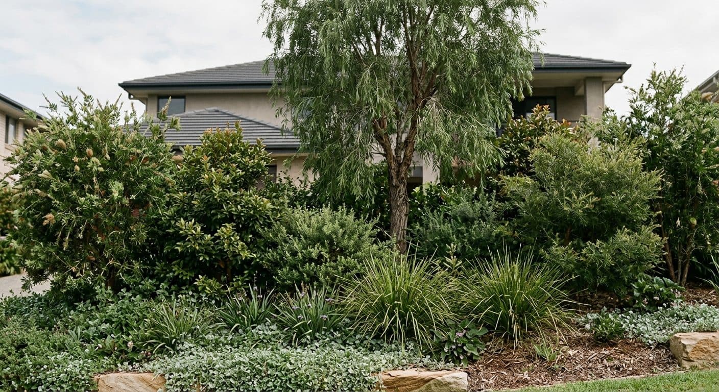 A layered screen of a small tree, mid-height shrubs and low groundcover blocking a two-storey sightline