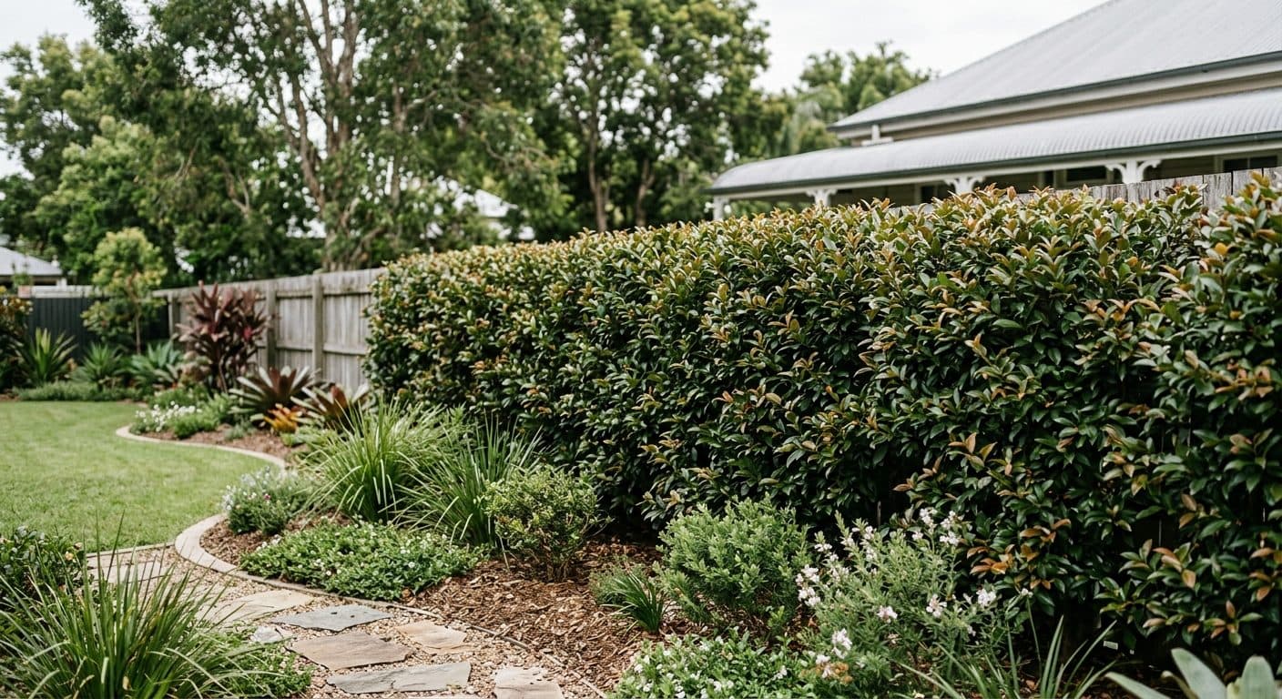 A dense lilly pilly hedge screening a paling fence along a Brisbane backyard boundary