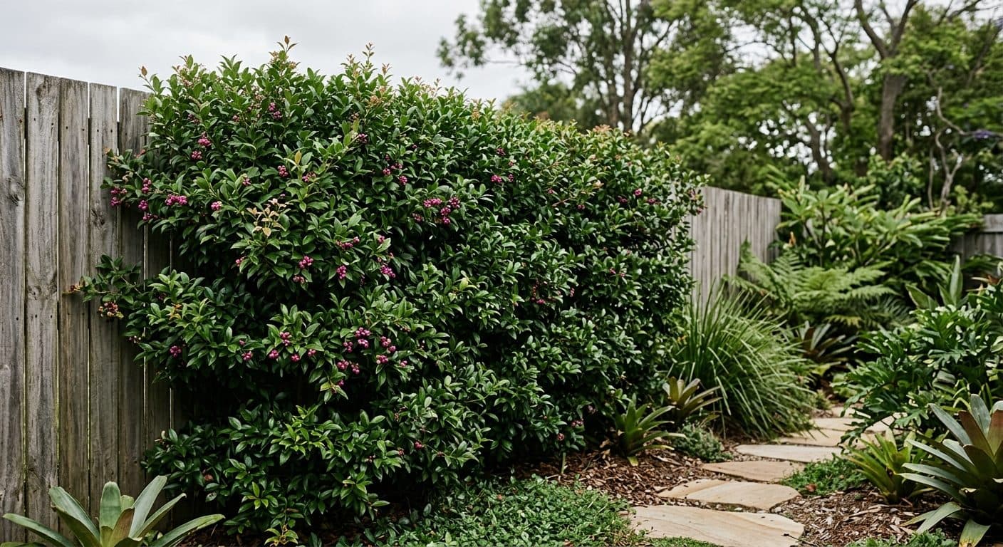 A dense lilly pilly hedge screening a timber fence in a Brisbane backyard