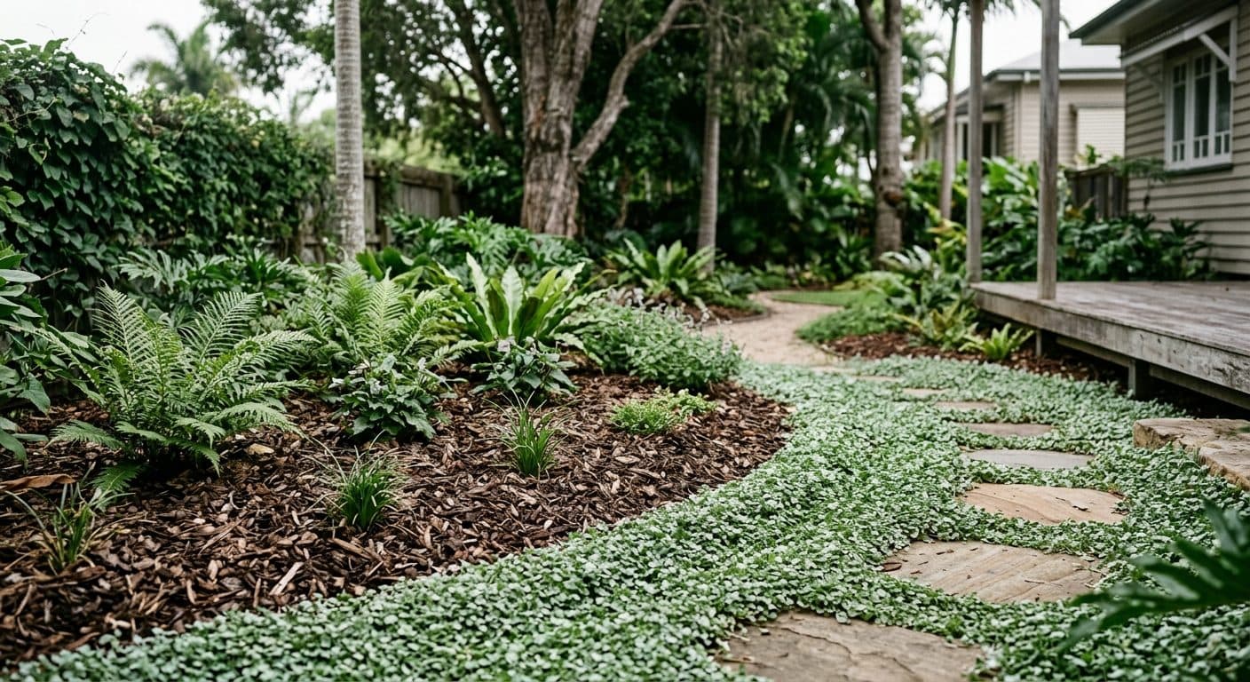 A mulched garden bed and dichondra groundcover replacing failed lawn in a shaded Brisbane backyard