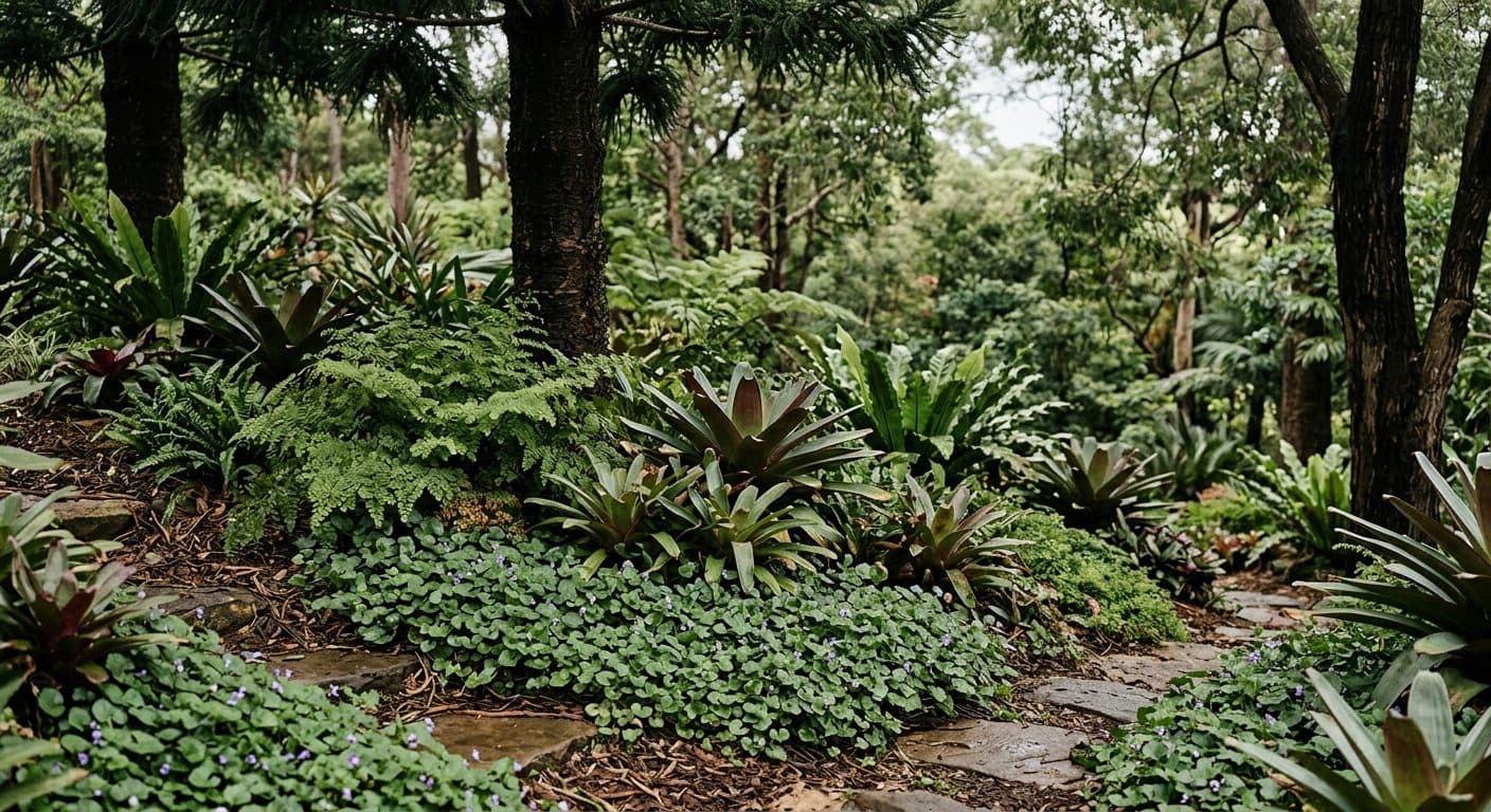 Layered shade planting of bromeliads, ferns and native violet massed beneath a Brisbane tree canopy