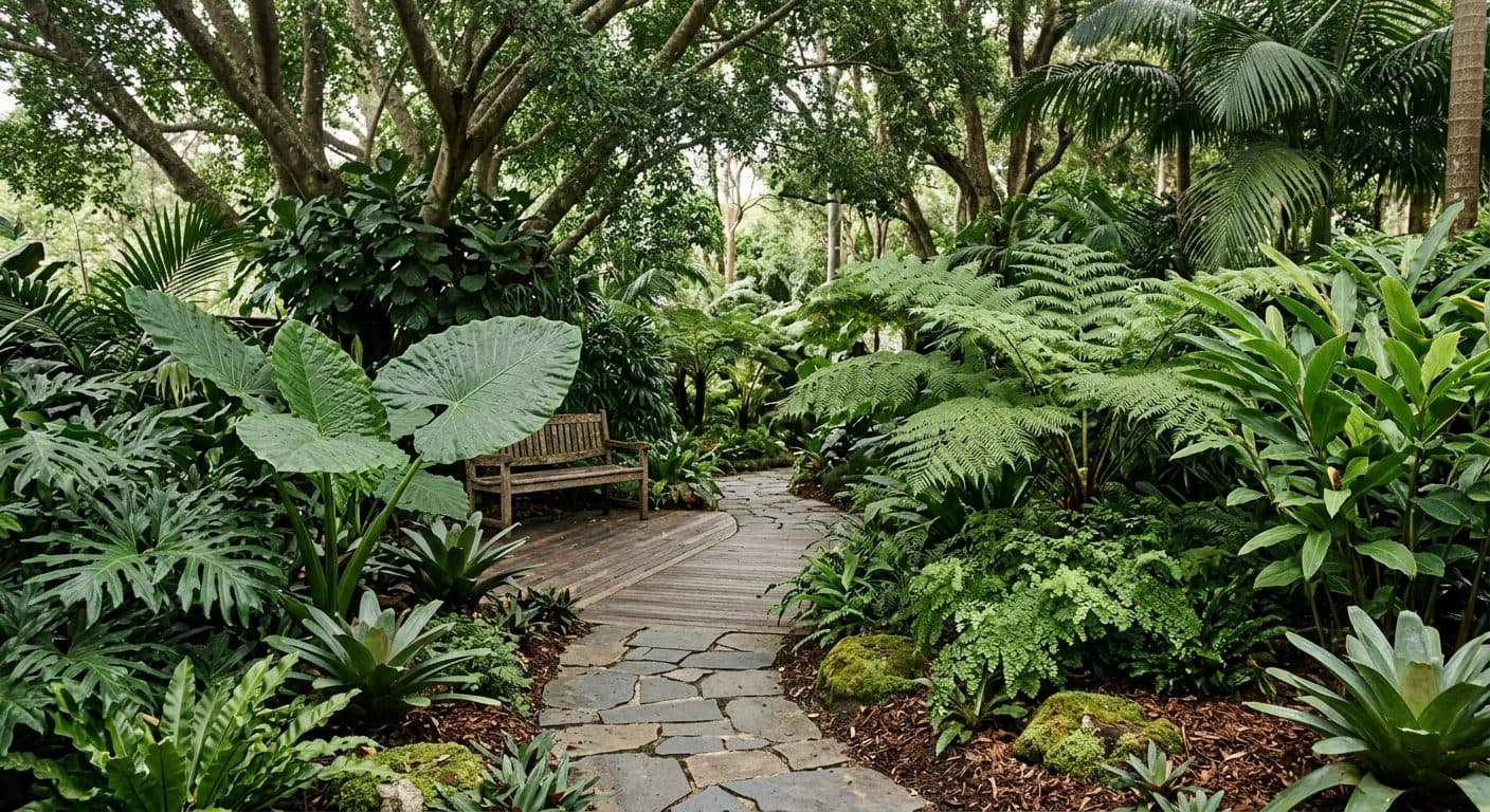 A cool green shade garden retreat contrasting broad leaves against ferny foliage beneath a Brisbane canopy