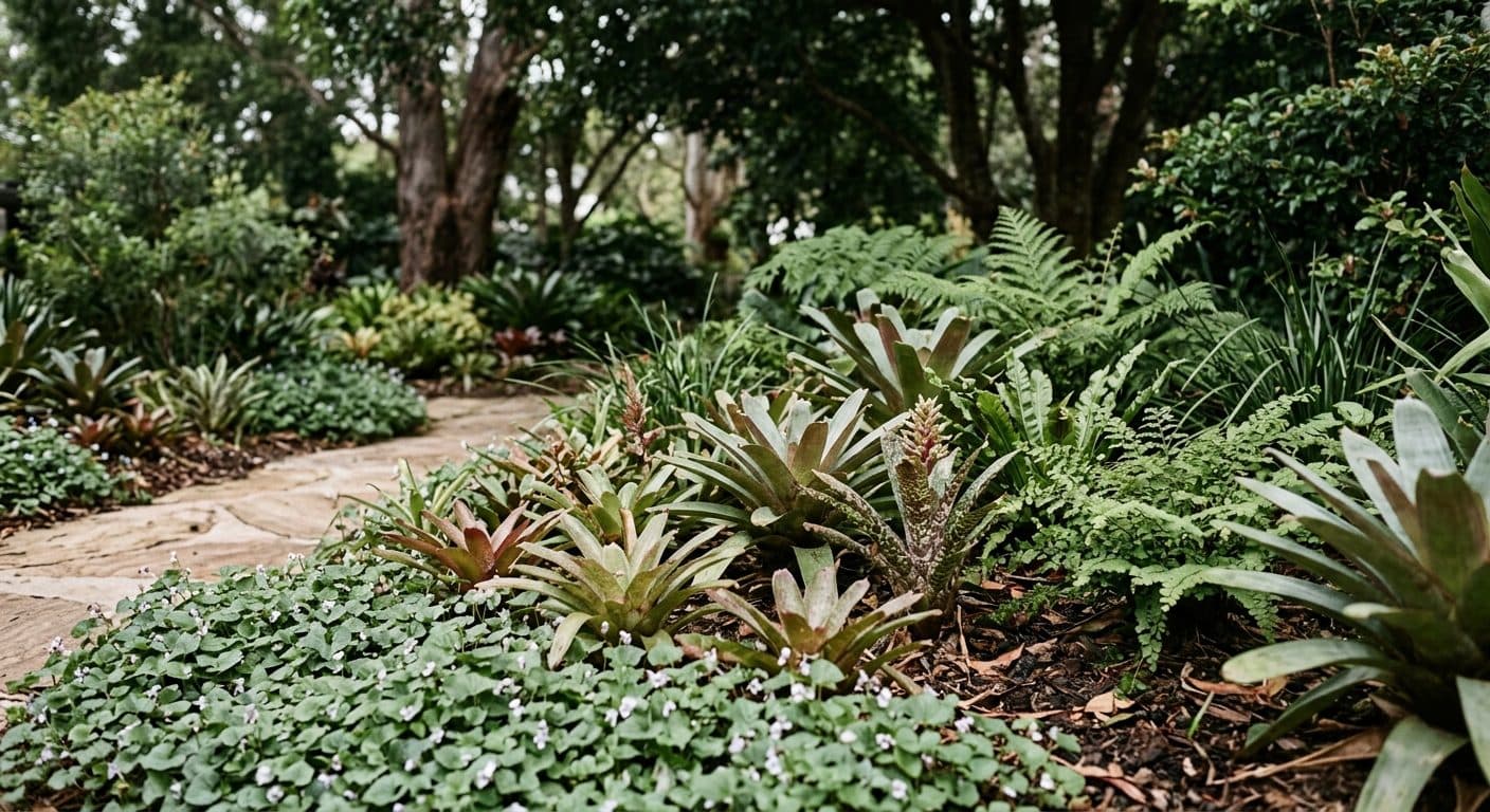 Layered shade planting of bromeliads, ferns and native violet beneath a Brisbane tree canopy