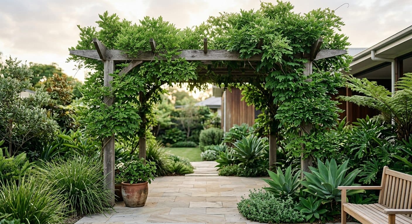 A timber pergola with a leafy deciduous climbing vine shading a paved Brisbane courtyard in warm afternoon light