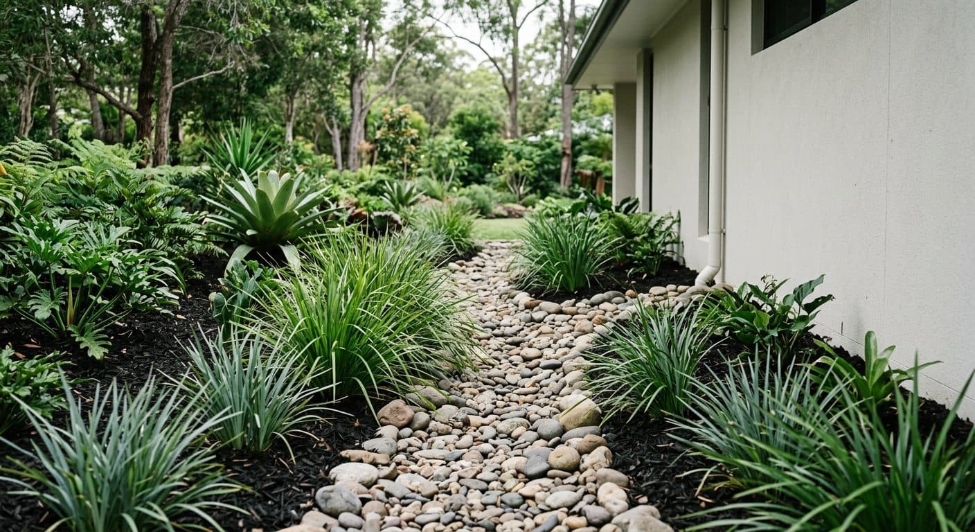 A planted overland flow channel of river stones and strappy foliage carrying water away from a Brisbane house
