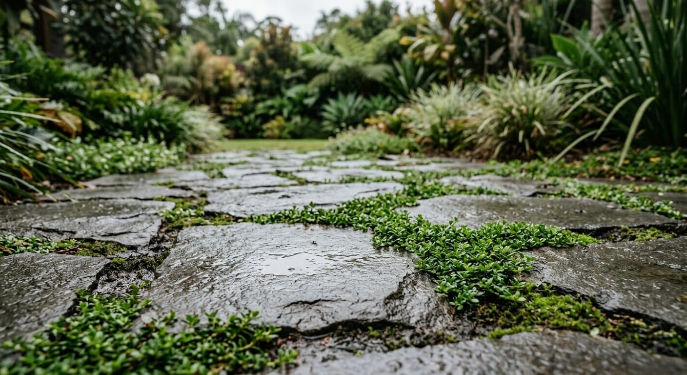 Open-jointed stone pavers with groundcover growing between them, letting rain soak into a Brisbane garden