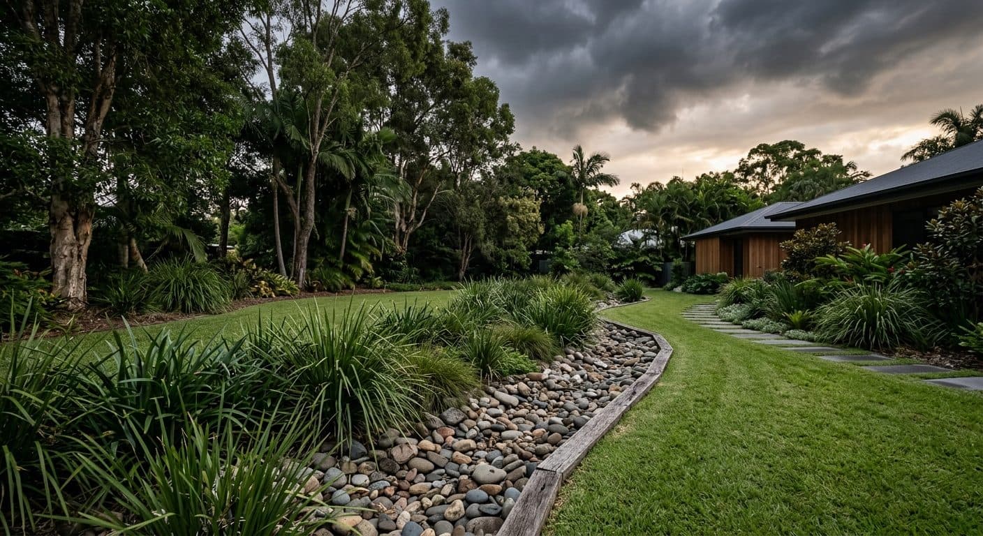 A lush Brisbane garden with a planted drainage swale and shade trees under a dramatic pre-storm summer sky