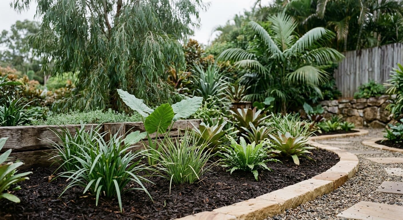 A Brisbane subtropical garden in soft autumn light with new planting establishing in mulched beds
