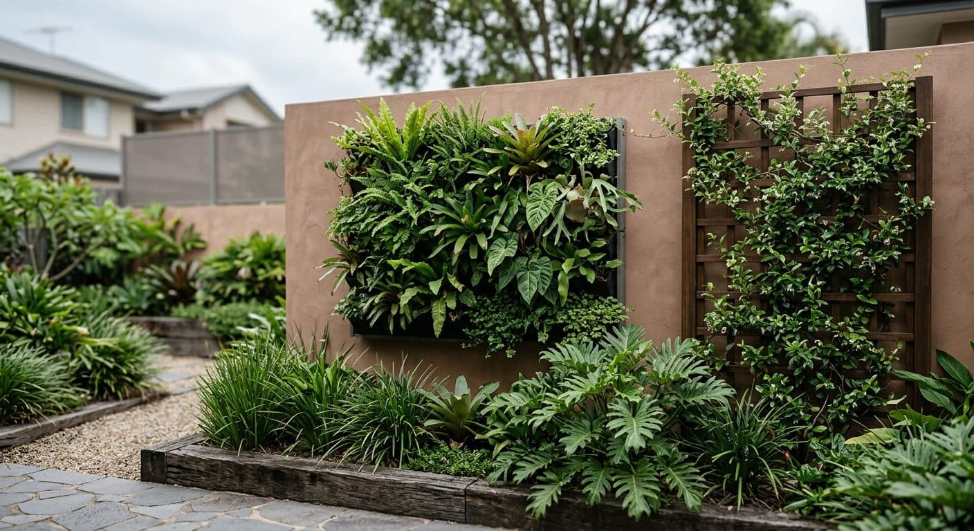 A lush modular green wall of layered foliage on a Brisbane courtyard wall beside a trellis of climbing plants