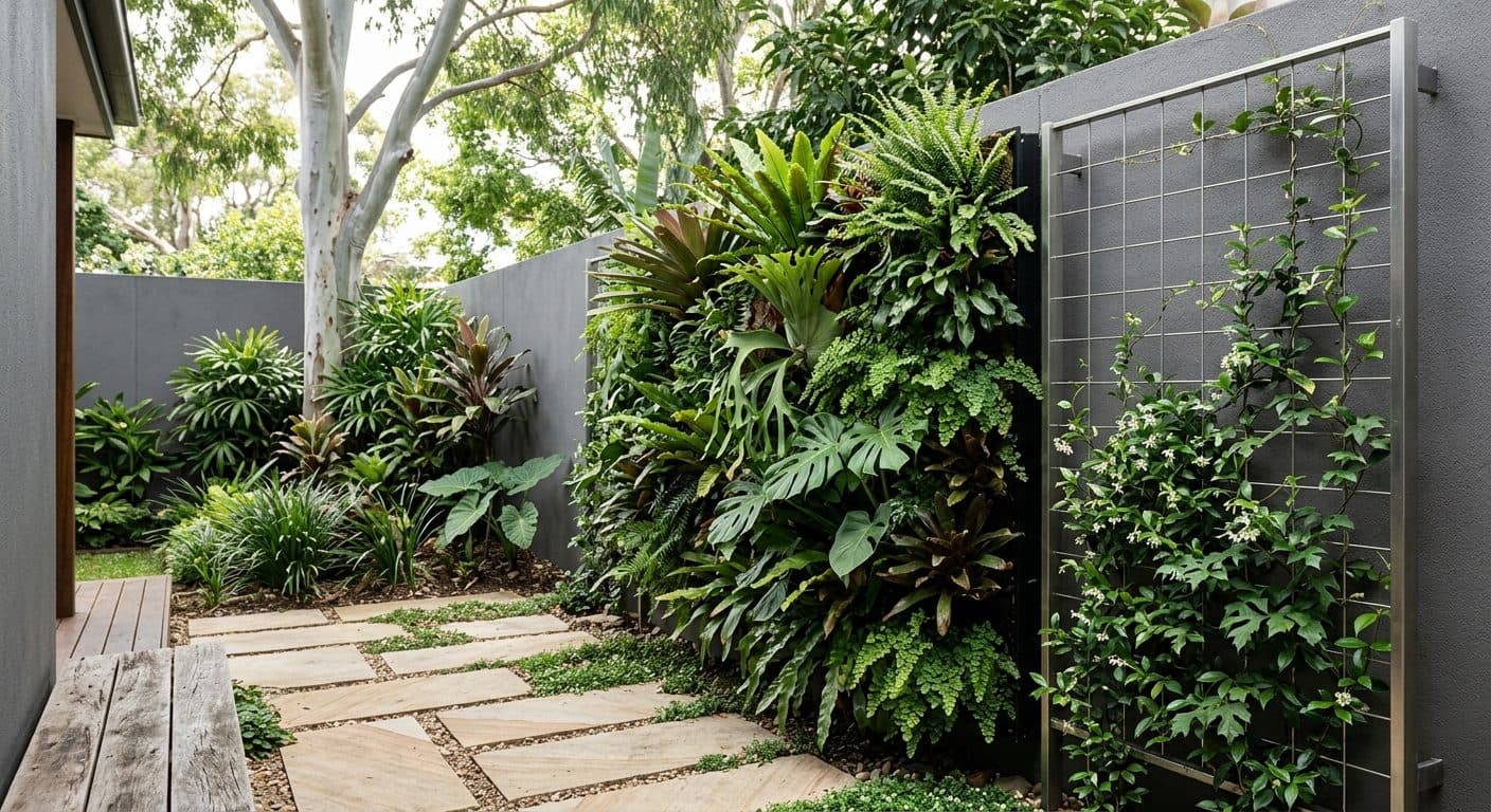 A lush green wall of layered foliage on a Brisbane courtyard wall, with a trellis of climbing plants alongside
