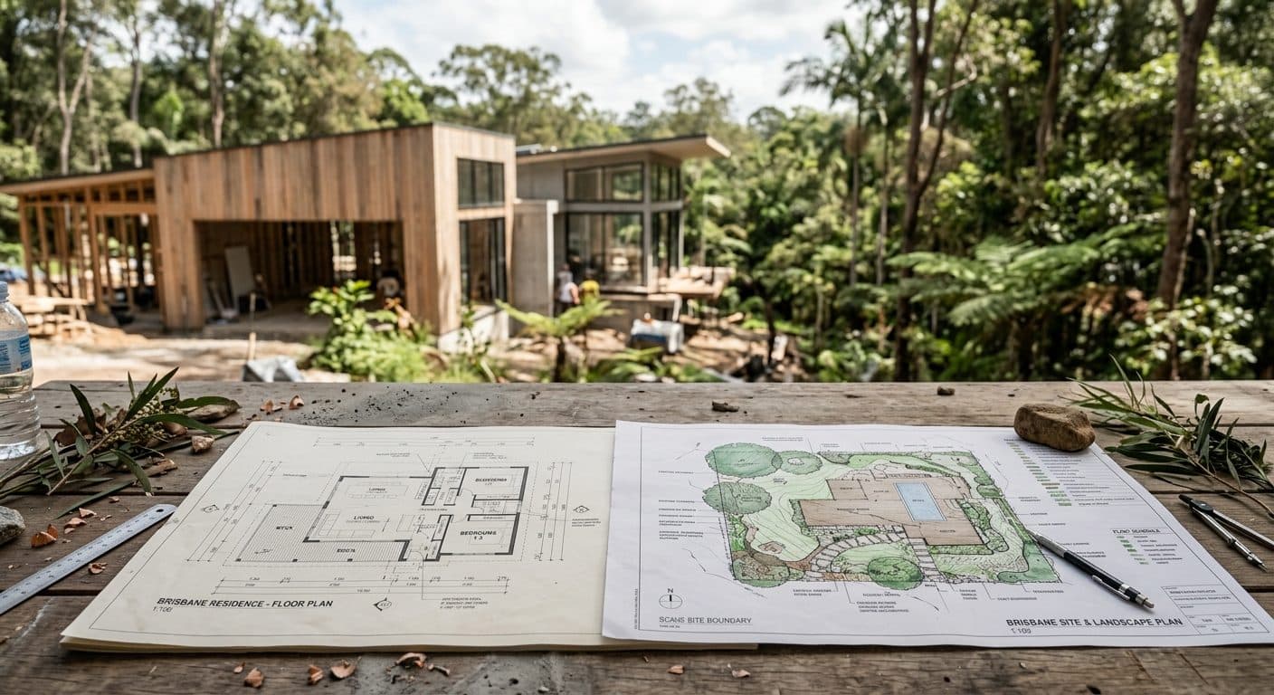 Architectural house plans and a landscape site plan laid side by side on a new build project table