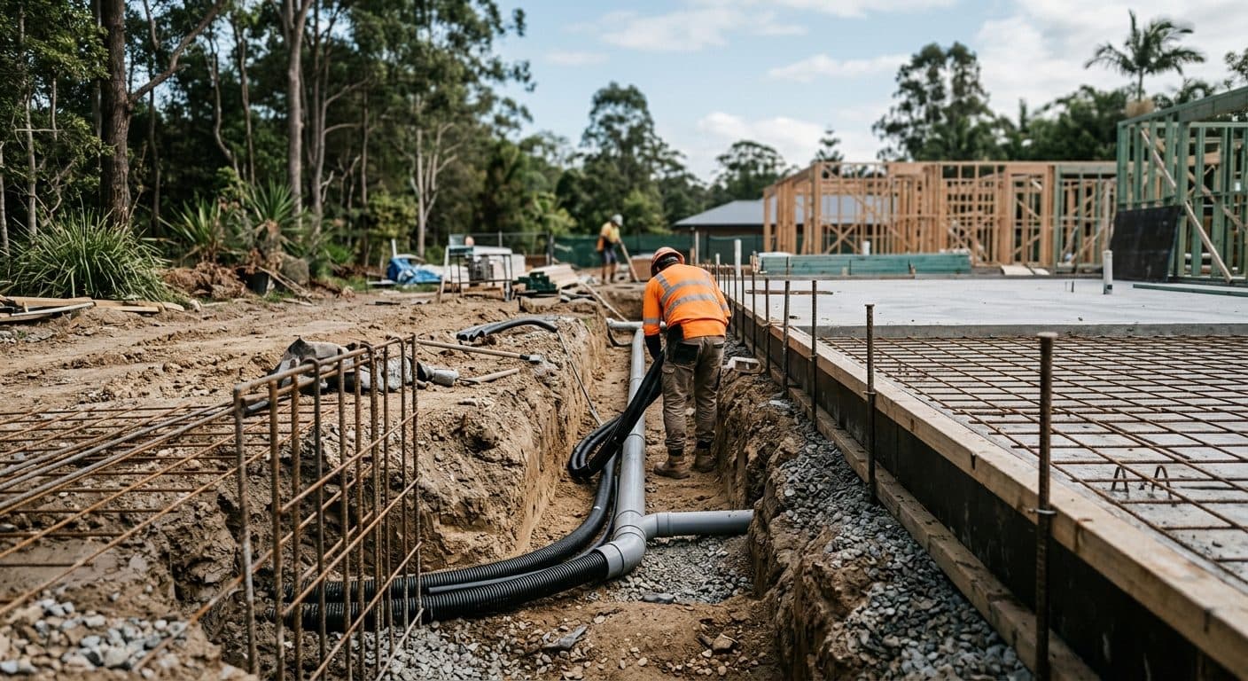 Conduits and drainage being laid in an open trench beside a house slab before it is poured on a build site