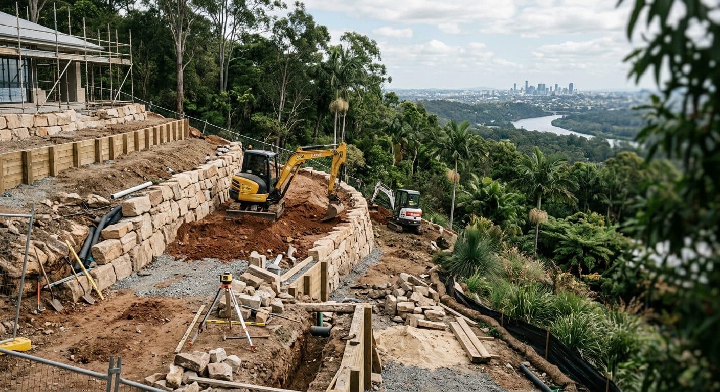 Earthworks and retaining underway on a staged new build garden with machinery still on site for access