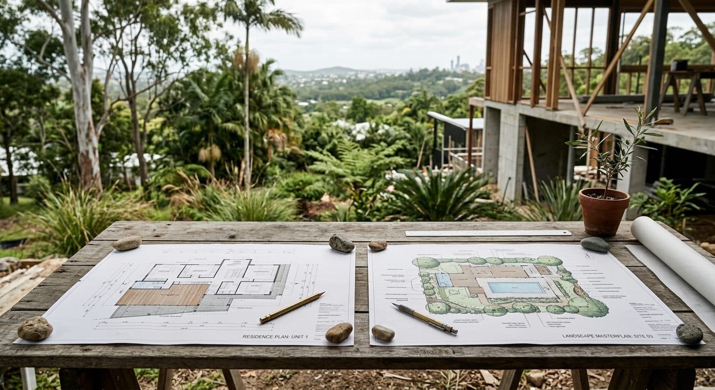 Architectural house plans and a landscape site plan side by side on a new build project table