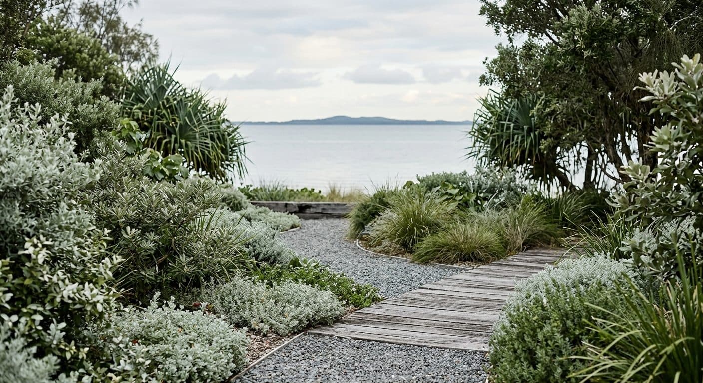 A bayside Brisbane coastal garden with silver-foliage planting, weathered timber and gravel paths sheltered behind a layered windbreak, looking toward Moreton Bay.