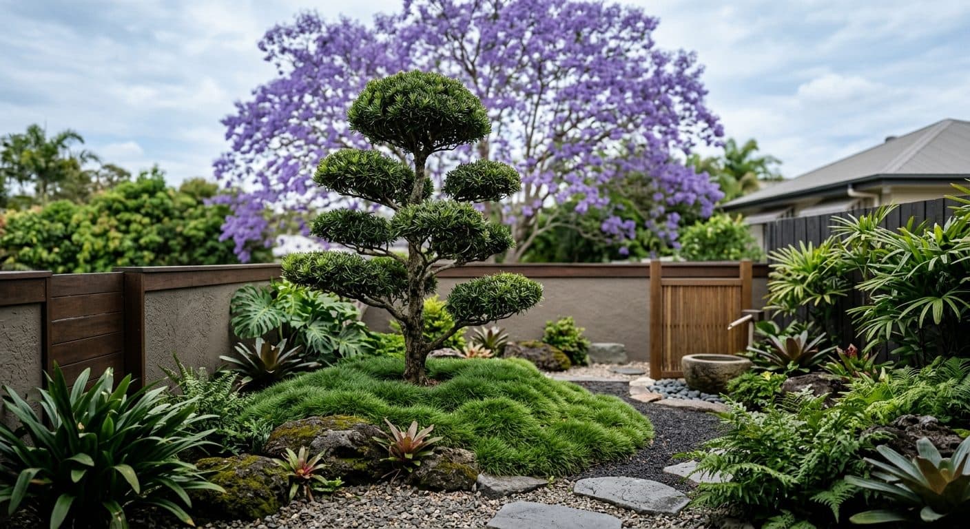 A restrained subtropical Japanese courtyard in Brisbane using borrowed scenery, a cloud-pruned podocarpus and mounded temple grass framed against a neighbour's jacaranda canopy.