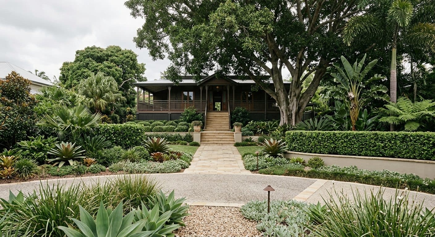 A grand Ascot frontage with a formal front garden, generous setback and an arrival sequence of drive, path and front stair beneath mature figs.