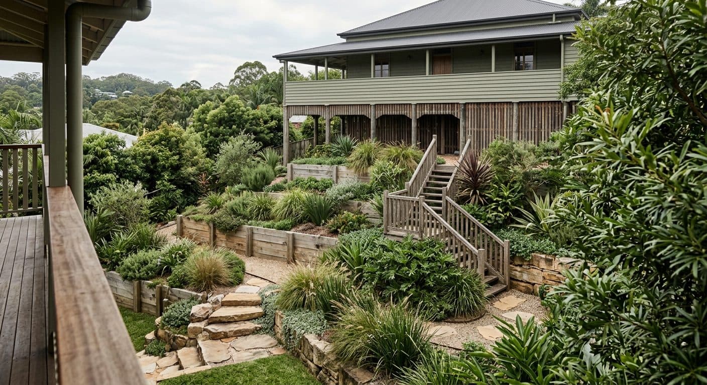 A timber Queenslander on stumps on a steep Bardon block, its terraced backyard composed to be seen from the verandah above, layered planting softening stumps and stairs.
