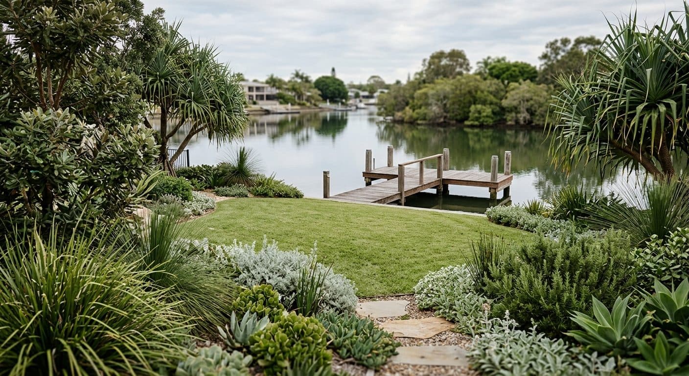 A canal-front garden at Raby Bay with salt-tolerant coastal planting framing a lawn that runs down to a jetty at the water's edge.