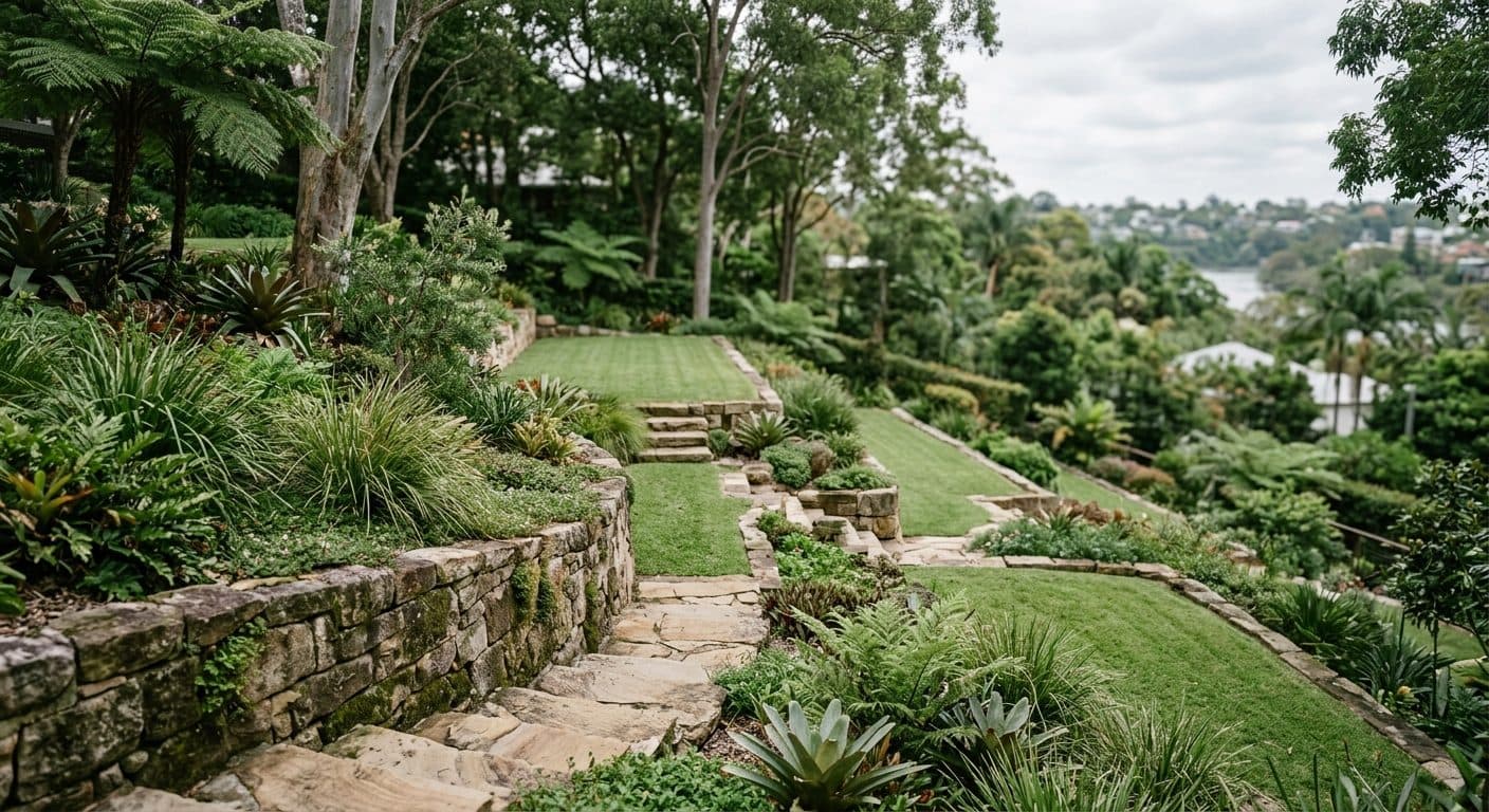 A terraced hillside garden on a steep Toowong block, level lawn landings and stone retaining stepping down beneath established trees.
