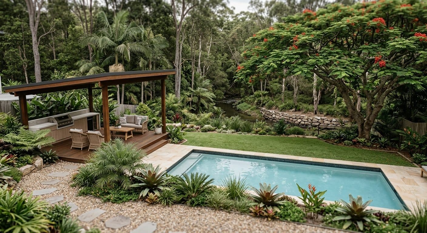 A northside family backyard on a brick-and-tile block backing onto a bushland creek corridor, with a pool, entertaining area and an established poinciana.